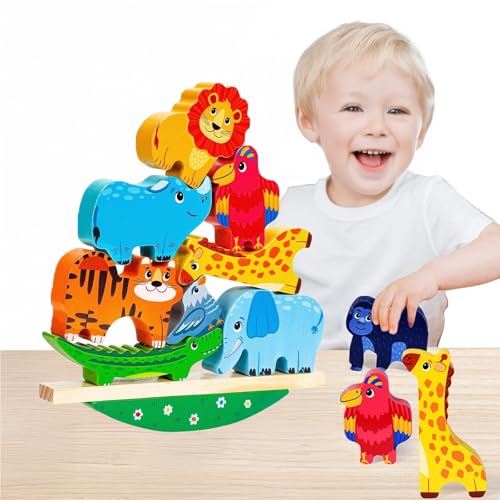 Montessori Holzspielzeug ab 2 3 4 5 Jahren - Stapelspiel für Kinder, Tiere Stapelspielzeug, Jenga Kinder Bausteine Balancespiel Holz Motorikspielzeug Lernspielzeug Geschenke für Kleinkinder von Songkuiwang