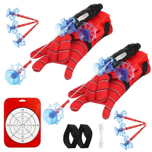 Spider Launcher Handschuh – 2 Set Handgelenk Spielzeug mit 2 Spider Hero Handschuhe, 2 Launcher, 6 Saugnapf-Darts, 4 Handgelenkband, 1 weiße Schnur, Perfektes Rollenspiel-Kostüm für Kinder von Songkuiwang