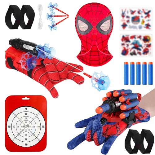 Songkuiwang Spider Launcher Handschuh – 2 Set Spider Hero Handschuhe, Super Spider Launcher mit Kinder Maske und Aufkleber, Spider Hero Kostüm Kinder, Cosplay Glove Launcher, Geschenk für Kinder Fans von Songkuiwang