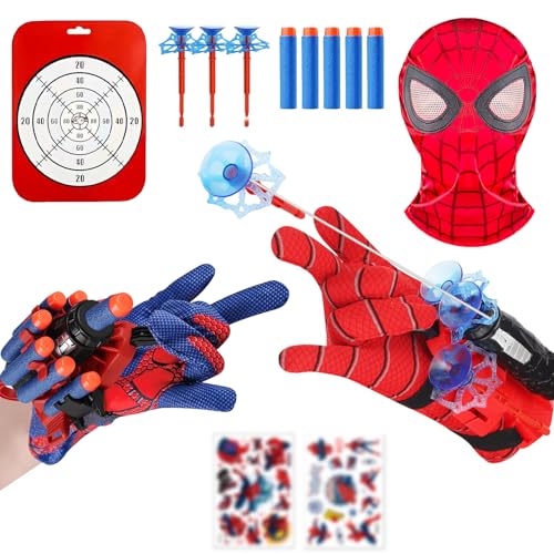 Spider Launcher Handschuh – 2 Set Spider Hero Handschuhe mit Maske, Super Spider Launcher Kostüm für Kinder, Cosplay Glove Launcher, Geschenk für Spider Fans mit Aufkleber und Zubehör von Songkuiwang