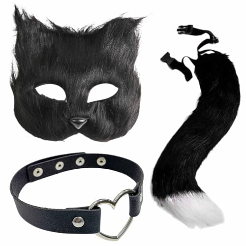 Sonwaha 3 Stück Therian Maske und Schwanz und Leder Hals Choker,Kunstpelz Fuchs Kostüm Schwanz Therian Tail Mask Set Erwachsene Kinder Cosplay Halloween Weihnachtsfeier von Sonwaha