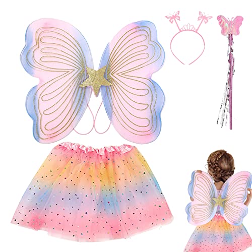Sonwaha 4-Teiliges Schmetterling Kostüm Kinder Feenflügel Kinder,Feen Kostüm Kinder Mädchen Schmetterlingsflügel Kinder Engelsflügel für Mädchen 3-8 Jahre alt von Sonwaha