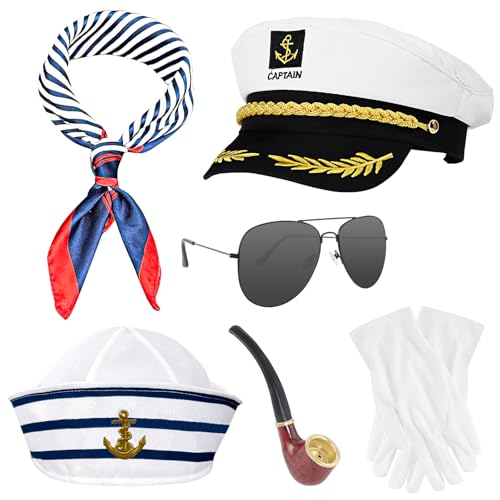 Sophisticate 6 Stück Kapitän Matrosen Kostüm Set, Männer Kapitän Accessoires Marine-Hut-Kostüm für Kinder, Männer und Frauen, geeignet für Halloween, Weihnachten, Karnevalsparty, Ostern von Sophisticate