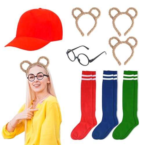 Sophisticate Chipmunks Kostüm Set Beinhaltet 3 Streifenhörnchen Ohren Stirnband 3 Paar Kniestrümpfe Streifen Socken 1 Schwarze Retro Runde Brillen 1 Rote Cap Geeignet Für Mottoparty Cosplay Show von Sophisticate