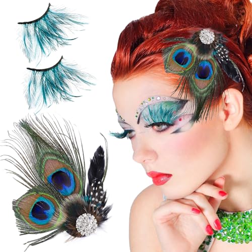 Peacock Feder Kopfschmuck mit Lange falsche Wimpern Pfauenfeder Haarspangen und Haarclips Künstliche Wimpern 1920 Accessoires Damen 20er Jahre Haarspange Karneval Fasching haarschmuck halloween von Sophisticate