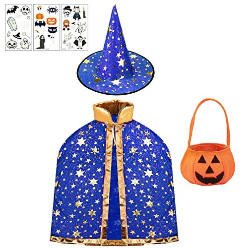 Kinder Halloween Kostüm, Hexe Zauberer Umhang mit Hut, Kürbis Candy Bag und 3 Blätter Halloween Tattoo Aufkleber, Wizard Cape Witch Umhang, Cosplay Party Kostüm für Jungen Mädchen (Blau) von Sosayet