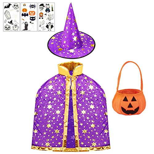 Kinder Halloween Kostüm, Hexe Zauberer Umhang mit Hut, Kürbis Candy Bag und 3 Blätter Halloween Tattoo Aufkleber, Wizard Cape Witch Umhang, Cosplay Party Kostüm für Jungen Mädchen (Lila) von Sosayet