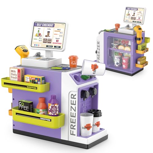 Sotodik 46 Stück Registrierkasse Supermarkt Kasse Elektronische Kasse mit Scanner Registrierkasse Spielkasse mit Lichtern und Sound Rollenspiel für Kinder（Purple von Sotodik