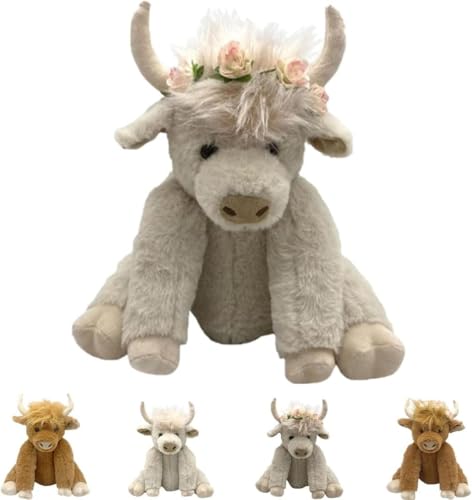 Highland Cow Plush Toy, 2025 New Highland Cow Doll, High Land Cow Toy, Highland Cow Plush Toy Realistic Shape, Highland Cow Stuffed Animal, Cow Stuffed Animal for Stress for Kid (White with Flower) von Soumiey