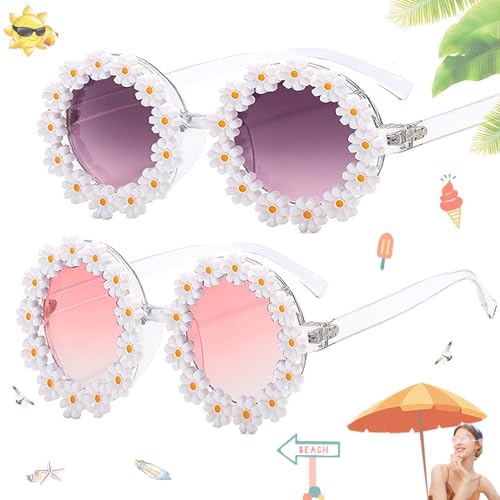 SoundZero 2 Stück Daisy Runde Sonnenbrille, Party Brille Rund, Retro Brille Blumenform, Hippie-Sonnenbrille, Retro Partybrille, Brille Blume, Strandsonnenbrille, Blumen Partybrille, Für Strand Freien von SoundZero