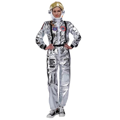 Soupliebe Astronaut Kostüm Damen Silber, Weltraum Kostüm Damen Herren Astronaut Astronauten - Erwachsene Jumpsuit Overall Karneval Kostüme Langarm Metallic Ganzkörper Silvester Glitzer Outfit von Soupliebe