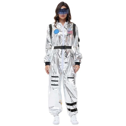 Soupliebe Astronaut Kostüm Weltall Raumfahrer Damen Herren Astronaut Kostüm Silver Outfit - Astronauten Glänzend Karneval Overall Metallic Langarm Jumpsuit Spaceman Cosplay Paar Kostüm von Soupliebe