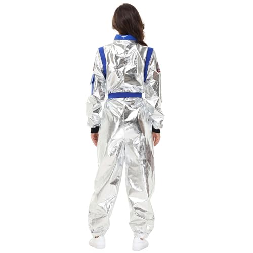 Soupliebe Astronaut Kostüm Weltall Raumfahrer Damen Herren Astronaut Kostüm Silver Outfit - Astronauten Glänzend Karneval Overall Metallic Langarm Jumpsuit Spaceman Cosplay Paar Kostüm von Soupliebe