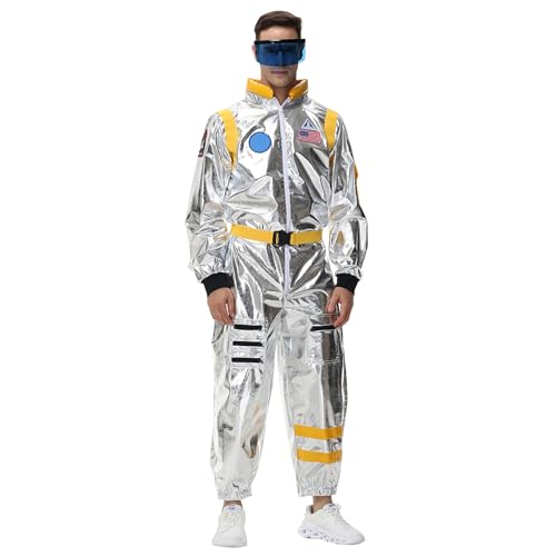 Soupliebe Astronauten Kostüm Weltall Raumfahrer Damen Herren Astronaut Kostüm Silver Outfit - Astronauten Glänzend Karneval Overall Metallic Langarm Jumpsuit Spaceman Cosplay Paar Kostüm von Soupliebe