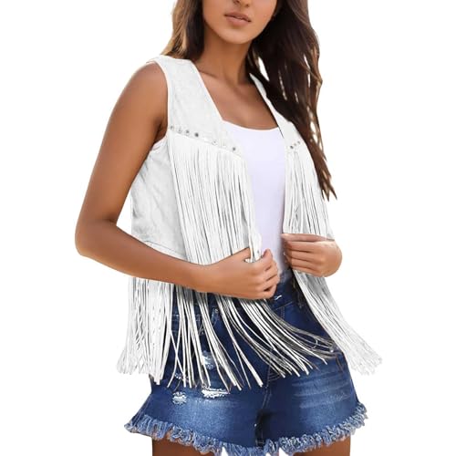 Soupliebe Hippi Kostüme Frauen Cowboy Weste Damen Faschingskostüme Karneval Hippie Kostüm - Fransenweste Disco Cosplay Fransen Ärmellos Mit Ohrringe Boho Style Stirnband Halskette Retro von Soupliebe