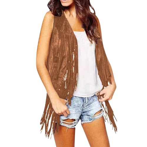 Soupliebe Hippi Kostüme Frauen Cowboy Weste Damen Karneval Hippie Fransenweste - Kostüm Set Mit Fransen Ärmellose 70Er Jahre Damenhose Und Kleidung Wildleder Vintage Lange Quasten Gilet von Soupliebe