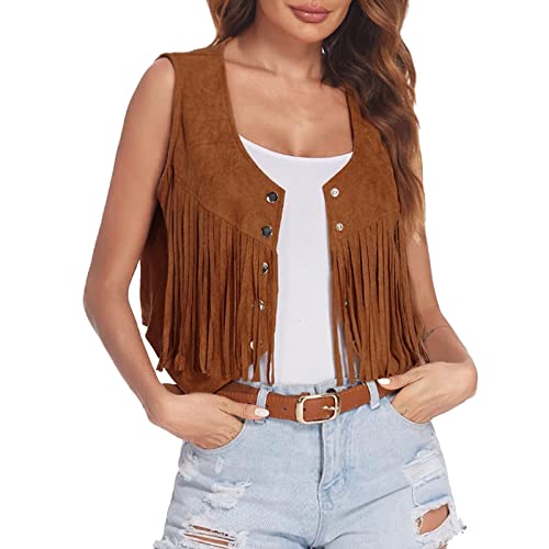 Soupliebe Hippie Kleidung Damen Cowboy Weste Damen Faschingskostüme Karneval Hippie Kostüm - Set Mit Fransen Ärmellose Kleidung Zubehör Cowgirl Piraten Festival Outfit Schlagerparty Ärmellos Disco von Soupliebe