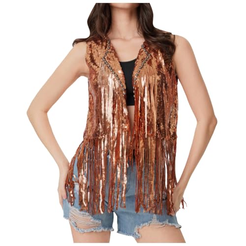 Soupliebe Hippie Kostüm Damen Set Hippie Kostüm Damen Faschingskostüme Weste Cowboy - Kleidung Fransen Ärmellose 60Er 70Er Jahre Mädchen Outfit Faschingskostüm Halloween Cosplay Karneval Fransenweste von Soupliebe