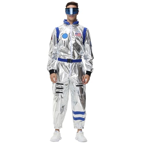 Soupliebe Weltraum Kostüm Herren Weltall Raumfahrer Damen Herren Astronaut Kostüm Silver Outfit - Astronauten Glänzend Karneval Overall Metallic Langarm Jumpsuit Spaceman Cosplay Paar Kostüm von Soupliebe