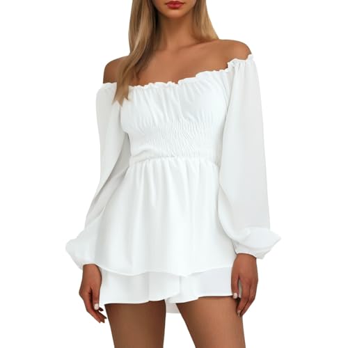 piraten kostüm damen, Piratenkostüm Damen Weißes Kleid Off Shoulder Kleid Langarm Jumpsuit Elegant Minikleid Kurz Boho Sommer Kleider Karneval Kostüm Piratenkleid von Soupliebe