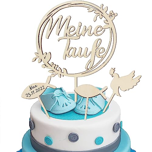 4 Pcs Cake Topper Taufe Holz, Tortendeko Taufe für Junge Mädchen Meine Taufe Torten Topper Taube Fisch Kuchen Deko für Babyparty, Babydusche Taufe Deko von Sovanna