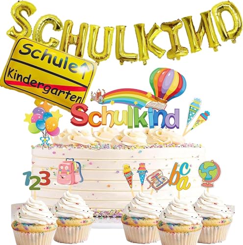 Schulkind Deko Jungen Mädchen Einschulung Schulanfang Deko Set Schulkind Deko Banner Girlande + Schulanfang Folienballon + 11 Einschulung Tortendeko Schulkind ABC 123 Cupcake Muffin Deko von Sovanna