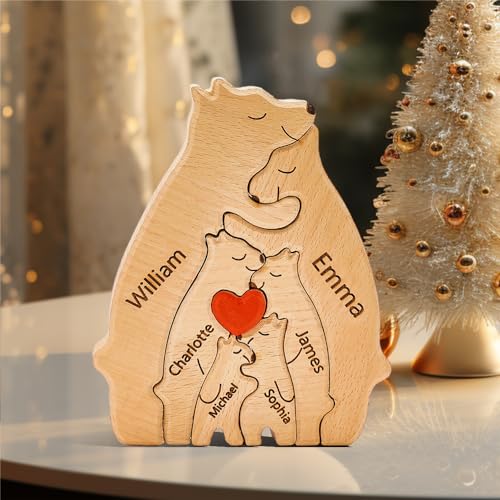 Personalisierte Holz Bär Puzzle mit 1-8 Familiennamen, Individuelle Familiennamen Skulptur, Personalisierte Bär Familie Weihnachten Geburtstage Ornament (6 Namen) von Soview