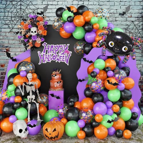 128 Stück Halloween Luftballons Girlande,Schwarz Orange Lila Grün Konfetti Ballon mit 3D Fledermäusen Spinne Aluminiumfolienballons für Kinder Halloween Themenparty dekorationen von Sowide