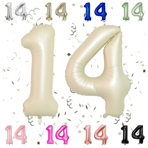 40 Zoll Beige 14 Nummer Ballons, 40 Zoll Creme 1 & 4 Mylar Folie große Ballons, 14 Big Digit Zahl Ballon für Mädchen Jungen 14. Geburtstag Jahrestag Dekorationen Graduierung Party Supplies von Sowide