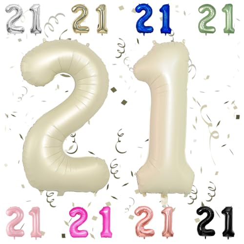 40 Zoll Beige 21 Zahl Ballons, 40 Zoll Creme 2 & 1 Mylar Folie große Ballons, 21 Big Digit Zahl Ballon für Mädchen Jungen 21. Geburtstag Jahrestag Dekorationen Graduierung Party Supplies von Sowide