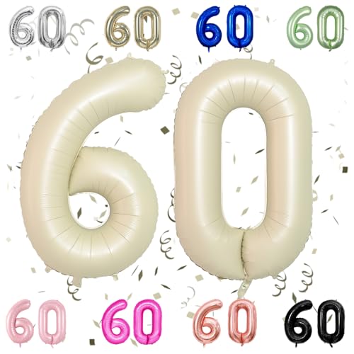 40 Zoll Beige 60 Zahl Ballons, Creme 6 & 0 Mylar Folie große Ballons, 60 Big Digit Zahl Ballon für Männer Frauen 60. Geburtstag Jahrestag Dekorationen Graduierung Party Supplies von Sowide