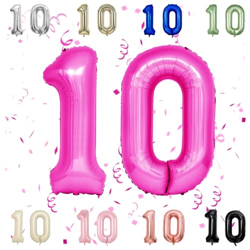 40 Zoll Heißes Rosa 10 Nummer Ballons, Dunkelrosa 1 & 0 Mylar Folie große Ballons, 10 Big Digit Zahl Ballon für Mädchen 10. Geburtstag Jahrestag Dekorationen Graduierung Party Supplies von Sowide