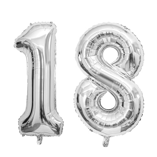 40 Zoll Silber 18 Nummer Ballons, Silber 1 & 8 Mylar Folie große Ballons, 18 Big Digit Zahl Ballon für Mädchen Jungen 18. Geburtstag Jahrestag Dekorationen Graduierung Party Supplies von Sowide