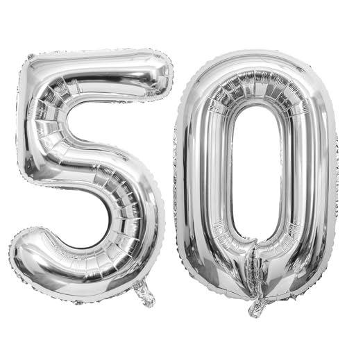 40 Zoll Silber 50 Zahl Ballons, Silber 5 & 0 Mylar Folie große Ballons, 50 Big Digit Zahl Ballon für Männer Frauen 50. Geburtstag Jahrestag Dekorationen Graduierung Party Supplies von Sowide