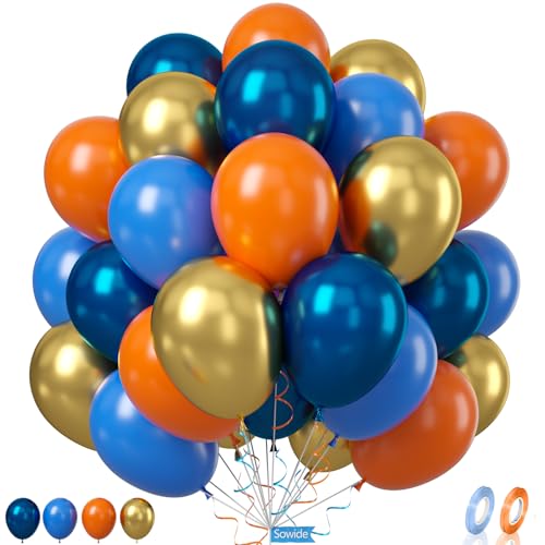 Blau Orange Luftballons, 60 Pcs 12 Zoll Marineblaue Metallic Gold Ballons für Kinder Cartoon Anime Party Dekorationen Geburtstag Ballons Baby Dusche Engagement Party Supplies von Sowide