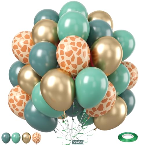 Dunkelgrüne Gold Ballons, 12 Zoll Olivgrün Metallic Gold Tier Print Giraffe Ballons für Jungen Safari Dschungel Baby Dusche Wald Wooland Geburtstag Wilde Eine Party Dekorationen von Sowide