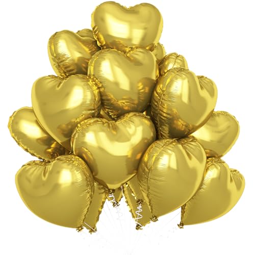 12 Stück Gold Herz Folienballon, 18 Zoll Metallicgold Folie Mylar Herzförmige Ballons für Geburtstag Hochzeit Verlobung Jahrestag Abschlussfeier Babyparty Valentinstag Dekorationen von Sowide