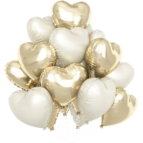 12 Stück Hellgoldene Creme Herz Folienballon, 18 Zoll Beige Folie Mylar Herzförmige Ballons für Geburtstag Hochzeit Verlobung Jahrestag Abschlussfeier Babyparty Valentinstag Dekorationen von Sowide