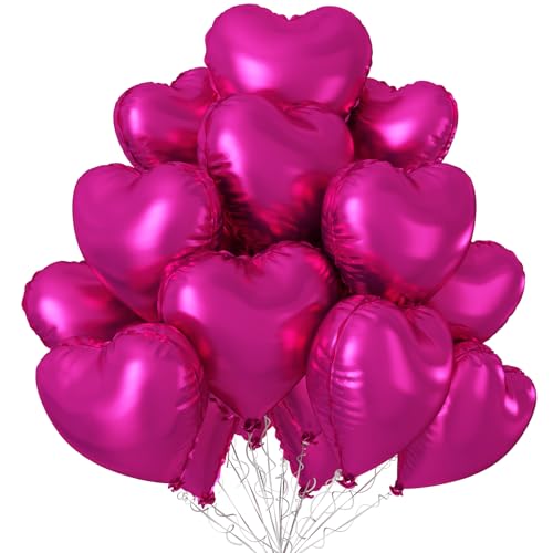 12 Stück Hot Pink Herz Folienballon, 18 Zoll Pink Folie Mylar Herzförmige Ballons für Hochzeit Verlobung Jahrestag Geburtstag Babyparty Valentinstag Dekorationen von Sowide