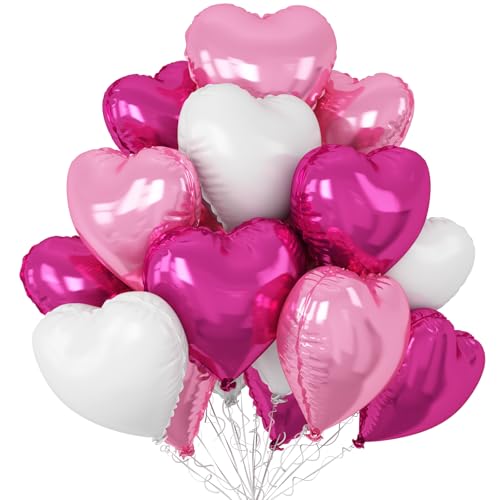 12 Stück Hot Pink Weiße Herz Folienballon, 18 Zoll Hellrosa Heliumfolie Herzförmige Ballons für Hochzeit Verlobung Geburtstag Babyparty Valentinstag Dekorationen von Sowide