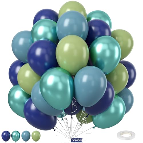 Blaue und grüne Ballone, 12 Zoll Dunkelgrün Navy Blau Metallic Ballone für Kinder Jungen Dinosaurier Geburtstag Safari Dschungel Monster Theme Party Baby Dusche Hochzeit Grauation Dekorationen von Sowide