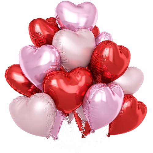 12 Stück Pastellrosa Rote Herz Folienballon, 18 Zoll Hellrosa Folie Mylar Herzförmige Ballons für Frauen Mädchen Valentinstag Geburtstag Hochzeit Verlobung Jahrestag Babyparty Dekorationen von Sowide