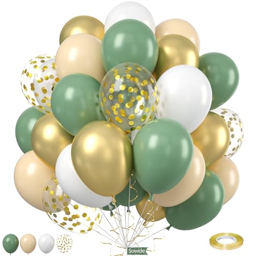 Salbei Grün Gold Ballons, 12 Zoll Grün Weiß Metallic Gold Konfetti Ballons für Verlobung Baby Dusche Jubiläum Boho Hochzeit Brautdusche Graduierung Geburtstagsparty Dekorationen von Sowide