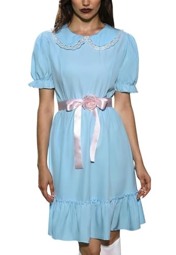 Spadehill Damen Halloween Gruselige Zwillingskostüme Blau Lolita Kleid mit Gürtel, Blau-Weiß, XL von Spadehill