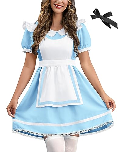 Spadehill Damen Halloween Puffärmel Blau Weiß Prinzessin Kleid mit Haarband, hellblau-weiß, X-Small von Spadehill