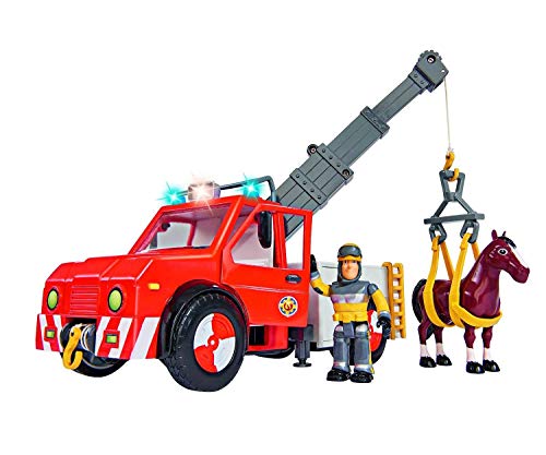 Simba 109258280 - Feuerwehrmann Sam Phoenix mit Figur und Pferd, 23cm, ausfahrbarer Kran, Blaulicht, ab 3 Jahren von Simba