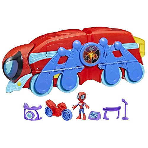 Marvel Spidey and His Amazing Friends 2-in-1 Spider Raupe Hauptquartier Spielset, Vorschulspielzeug ab 3 Jahren,Enthält: verwandelbares 2-in-1 Spielset, Action-Figur, Motorrad und 3 Accessoires, 61 cm von Spidey and his Amazing Friends