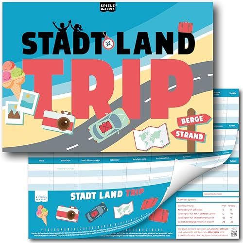 Stadt Land Fluss Auto Trip Reisespiel Ferien Quiz für die Rückbank Der Spielblock A4 mit 24 Urlaubs-Kategorien als Urlaubsspiel für unterwegs, Autofahrt, Camping für Kinder und Erwachsene | 50 Blatt von Spielefabrik