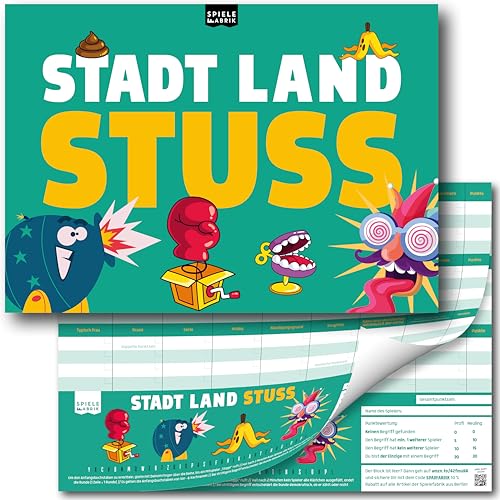 Stadt Land Fluss STUSS Spiel für Erwachsene Spielblock A4 als lustiges Ratespiel Quiz mit 24 irrwitzigen Kategorien | Spiele-Klassiker Partyspiel, Reisespiel, Geschenk-Idee DIN A4-Block mit 50 Blatt von Spielefabrik