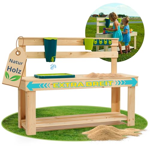 Spielturmking® Matschküche Kinder Outdoor Ella - Extra Groß - Massives Naturholz - Mit Wasserhahn & Waschbecken - Outdoor Küche - Wasserspieltisch - Kinder Outdoor Spielzeug - Ostergeschenk von Spielturmking